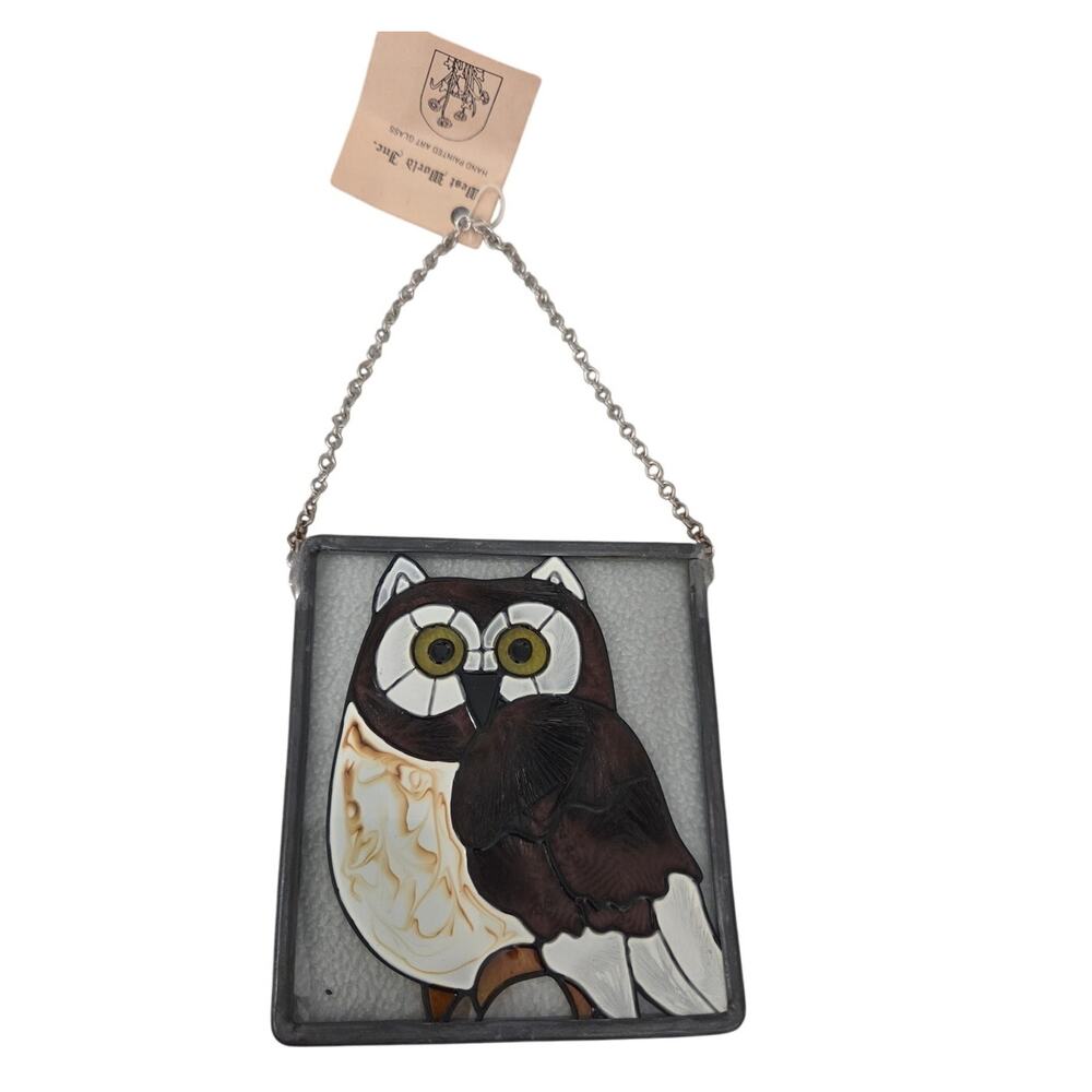 Vtg Owl Stained Glass Wall Hanging Sun Catcher West World Inc. Hand Painted